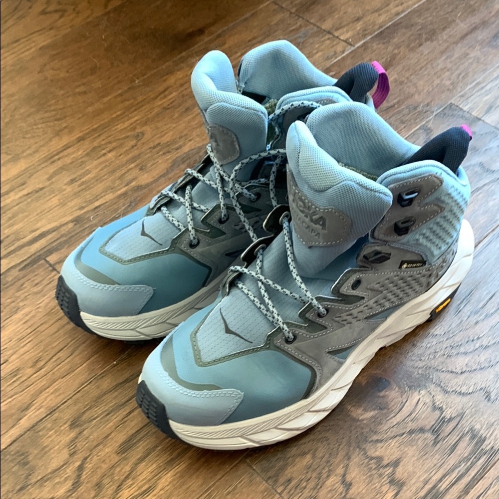 Hoka Gray and Blue Hiking boots, 8.5